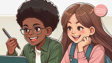 Illustratie van twee leerlingen achter een laptop.