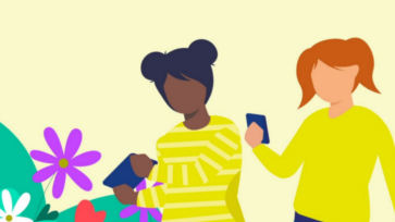 Illustratie van twee leerlingen die op hun telefoon kijken