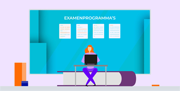 Illustratie van persoon achter laptop voor bord met examenprogramma’s