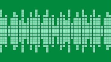 Grafische weergave van een geluidsgolf opgebouwd uit blokjes op een groene achtergrond.
