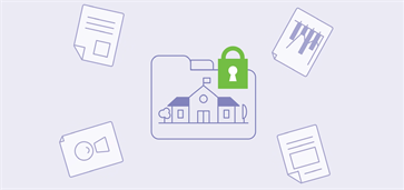 Illustratie van school in map met slot en documenten eromheen