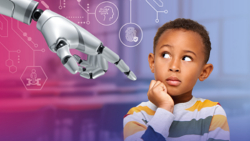 Kind kijkt nadenkend naar robotarm die naar hem wijst