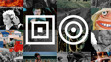 Collage van foto’s met symbolen van vierkant en cirkel in het midden