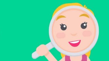 Illustratie van een meisje dat door een vergrootglas kijkt