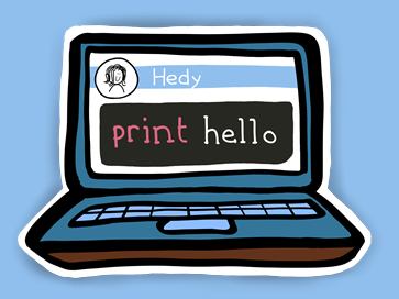 Illustratie van laptop met code ‘print hello’ in programmeertaal Hedy.