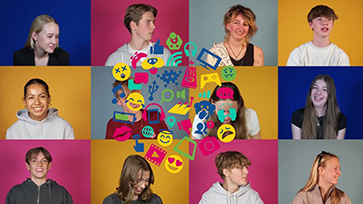 Collage van jongeren met in het midden kleurrijke iconen van digitale media.