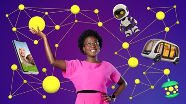 Persoon houdt een geel punt vast in een netwerk met technologie-iconen