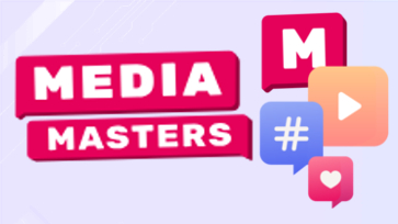 Logo van Media Masters met tekstballonnen met M, play-knop, hashtag en hartje.