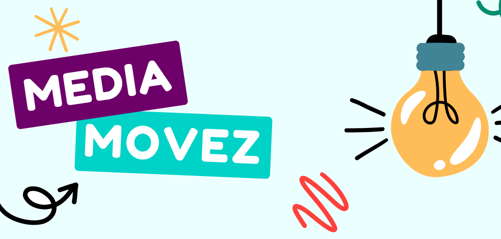 Logo van Media Movez, met lampje en vormen.