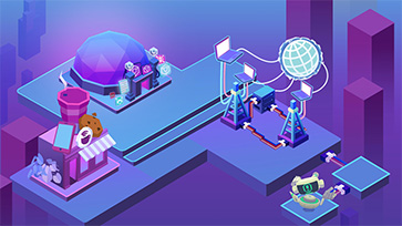 Illustratie van robots en computers verbonden in een digitaal netwerk