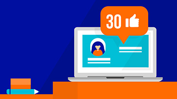 Illustratie van laptop met profiel en melding van 30 likes