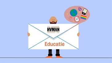Illustratie van persoon met envelop ‘HVMAN Educatie’ en pictogrammen van technologie, aarde en regenboogvlag