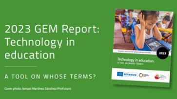 2023 GEM Report: Technology in education. A tool on whose terms? Omslag van het rapport.