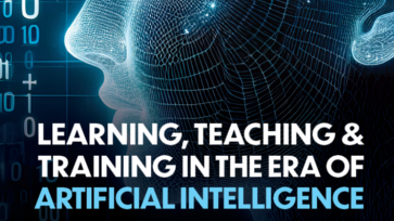 ‘Learning, teaching & training in the era of artificial intelligence.’ Digitaal gezicht op de achtergrond.