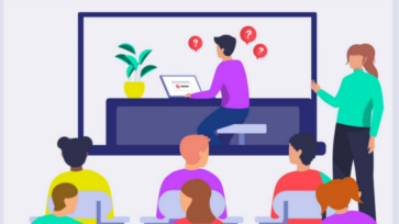 Illustratie: leraar geeft les in een klas met leerlingen. Op het scherm zit een persoon achter een laptop.