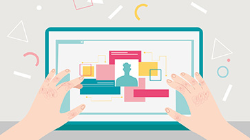 Illustratie van een beeldscherm met twee handen.