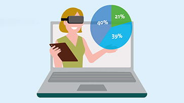 Illustratie van persoon met VR-bril en grafiek op laptop