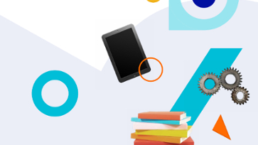 Tablet, tandwielen en stapel boeken tussen abstracte vormen.