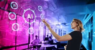 Persoon in een kantoor wijst naar virtuele AI-iconen