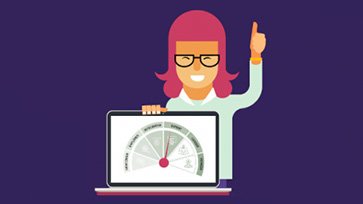 Illustratie van persoon met laptop en meter die een nulmeting aangeeft