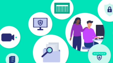 Illustratie van personen bij een computer met iconen van digitale veiligheid en data.