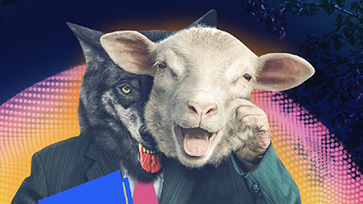 Samengesteld beeld van persoon met half wolven- en half schapenmasker in pak