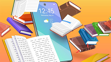 Illustratie van smartphone met boeken en open schrift eromheen.