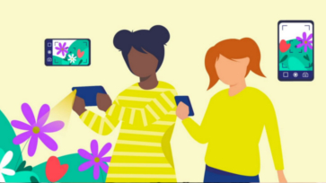 Illustratie van twee leerlingen die op hun smartphone kijken, in de achtergrond hun beeldscherm.