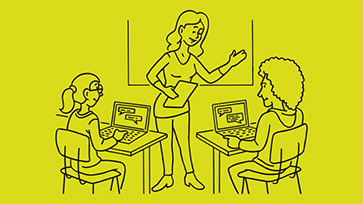 Illustratie van leraar voor de klas met leerlingen die achter laptop zitten