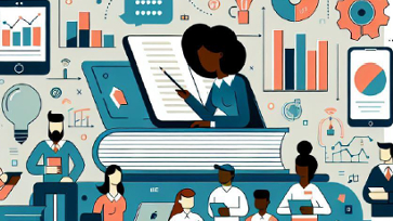 Illustratie van leraren en leerlingen met grafieken, data en digitale technologie in de achtergrond