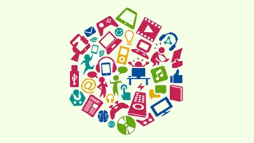 Zeshoekig logo met kleurige symbolen van digitale technologie erin.