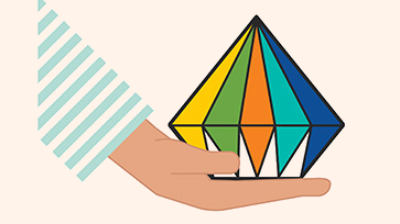 Illustratie van een hand die een diamant vasthoudt; elk vlak van de diamant heeft een andere kleur.