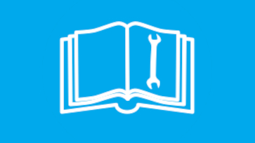 Witte illustratie van een boek met gereedschapsicoon, op blauwe achtergrond.